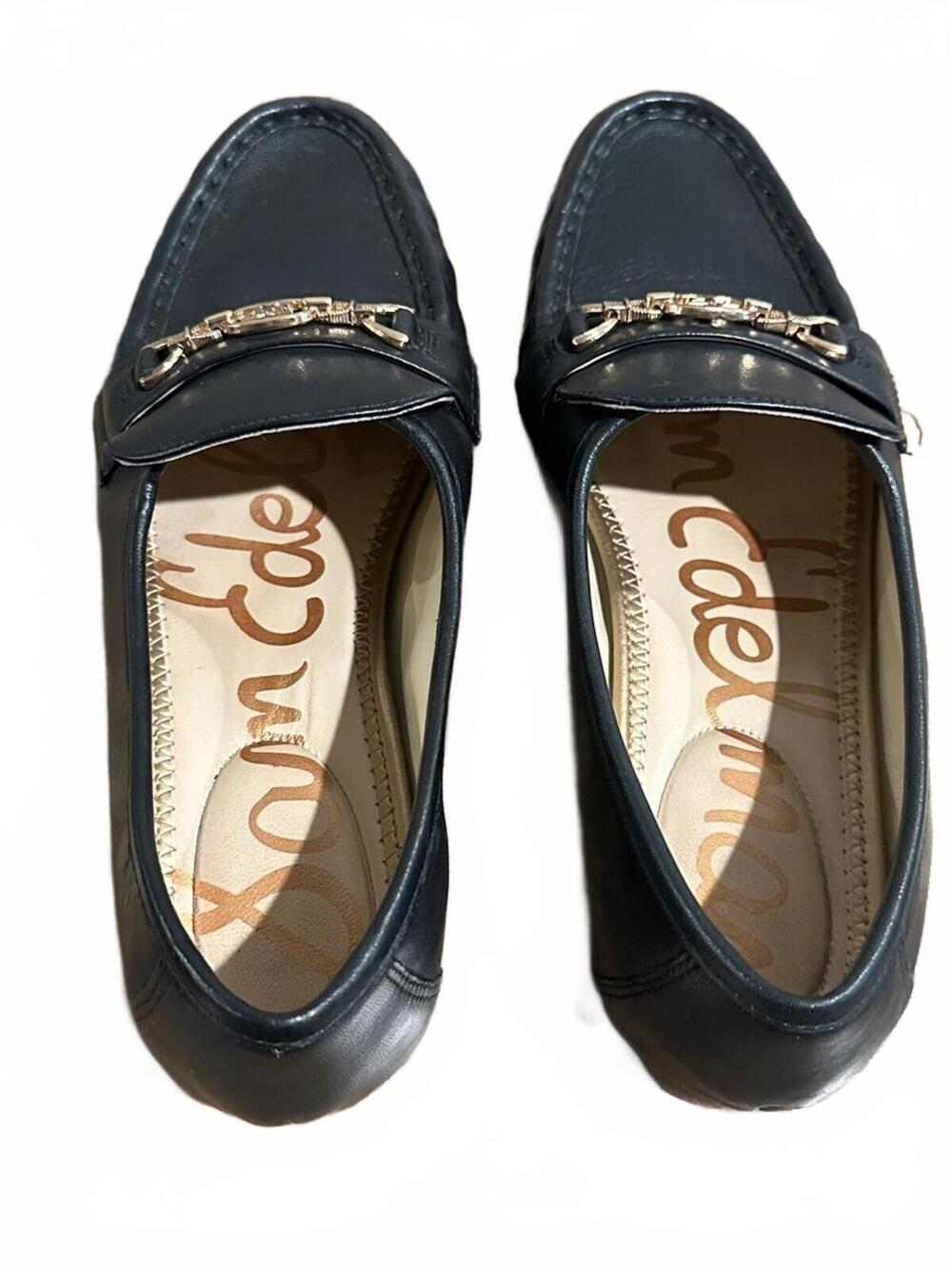 Sam Edelman Black Leather Loafers with Gold Chain Accent - Picture 2 of 3